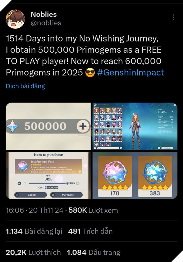 Bản Thành Công Đáng Khen Của Game Thủ Genshin Impact Khi Tích Lũy Nguyên Thạch Trong 4 Năm