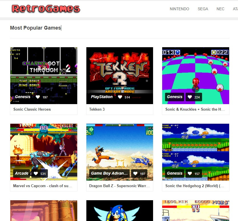 Lựa chọn game trên Retrogames