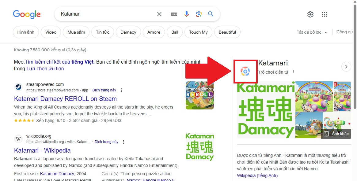 Nhập từ khóa Katamari trên Google